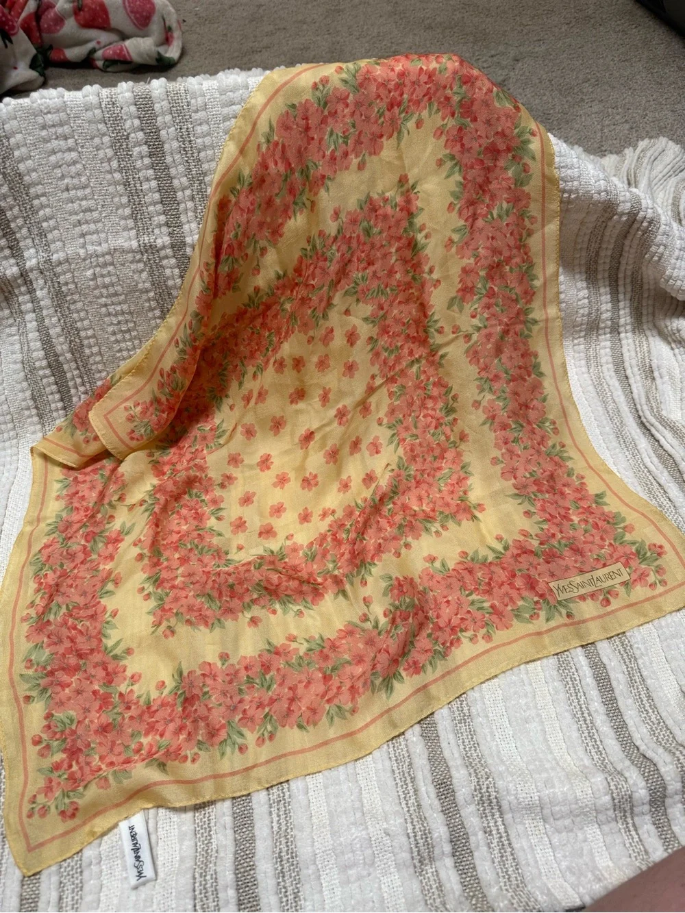 Yves Saint Laurent Yellow Scarf with Coral Floral Border